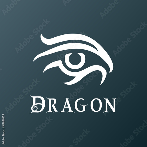 A vector illustration and logo of a sharp and majestic dragon eye staring intensely. Perfect for designs that evoke power and mystique. With a cool font spelling dragon.