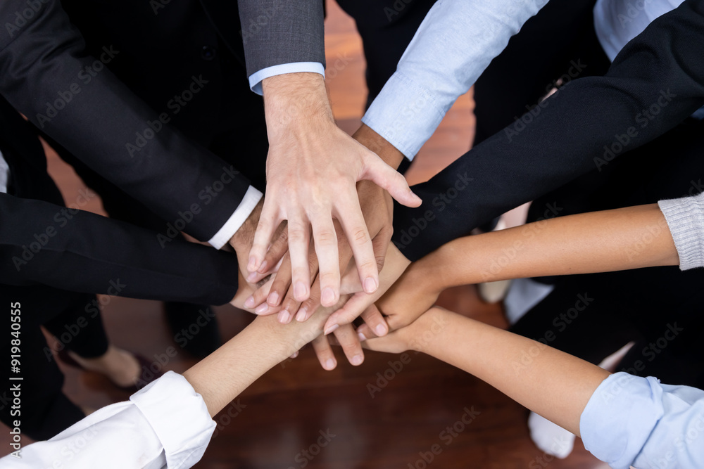 Multiracial business people make synergy hand stack together in meeting room as cooperation or team building for corporate employee in workplace. Meticulous Multiracial business people make synergy hand stack together in meeting room as cooperation or team building for corporate employee in workplace. Meticulous