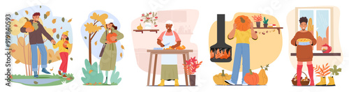 Set Of Diverse Autumn Activities As Pumpkin Harvesting, Cooking, Enjoying Cozy Home Moments, Cartoon Vector Illustration