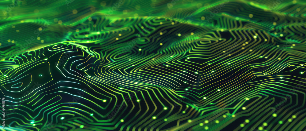 Vibrant green circuitry on an abstract surface design. Vibrant green circuitry on an abstract surface design.