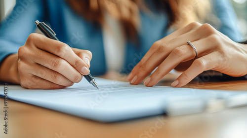 Focused Task: A professional woman meticulously writes in a notebook, showcasing her dedication and attention to detail in a work environment.