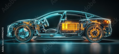 Electric car with clearly defined cables, motors, and electrical components, set against a dark background