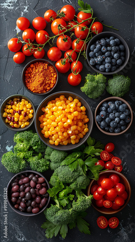 Variety of fresh vegetables in rustic bowls on a dark table.