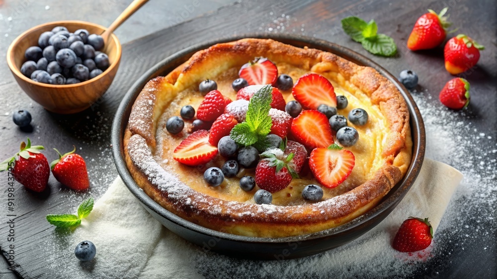 Golden Dutch baby pancake topped with powdered sugar, fresh berries, and a drizzle of maple syrup, Dutch baby, pancake Golden Dutch baby pancake topped with powdered sugar, fresh berries, and a drizzle of maple syrup, Dutch baby, pancake
