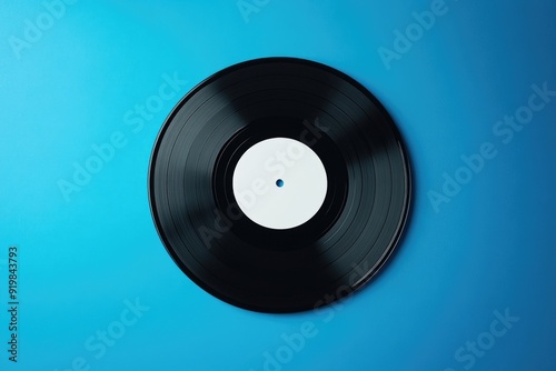 Black Vinyl Record on Blue Background