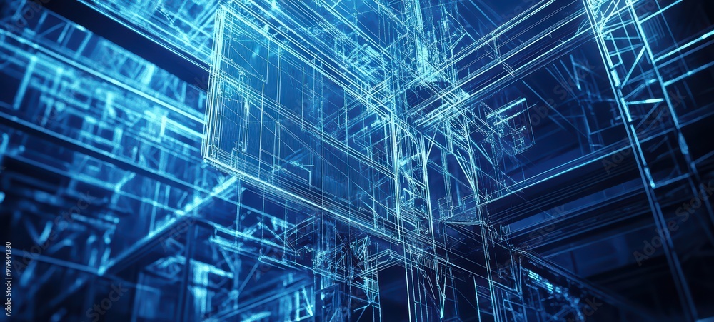 Industrial steel structures, combined with a translucent layer of blueprint diagrams and technical design elements in blue