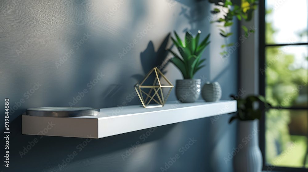 Floating shelf with plants and decor items in a modern interior. Floating shelf with plants and decor items in a modern interior.