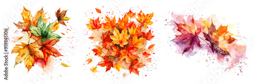 Autumn leaves watercolor splash. Fall leaf bouquet, pile failing leafs with paint splashes abstract painting art drawing october seasonal foliage set vector illustration