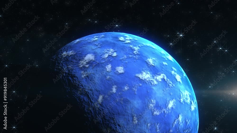 Abstract deep space scene, blue water ocean planet with clouds and animated starry background, concepts, ideas, 4k