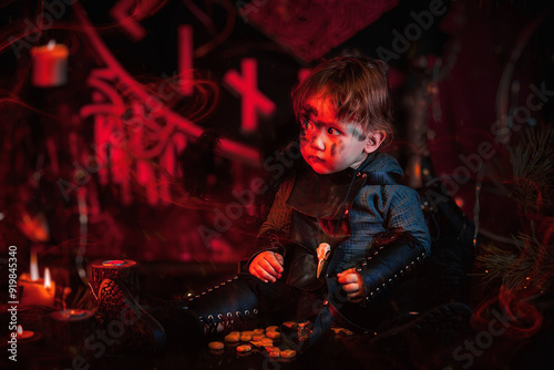 A little boy of two years old in a Viking costume against a background of candles and runes