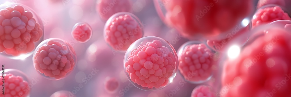 A close-up view of pink and white spherical cells floating in a gentle, light background, resembling a microbiological environment A close-up view of pink and white spherical cells floating in a gentle, light background, resembling a microbiological environment