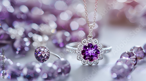 Beautiful close-up macro of a composition of rings, a large ruby gemstone, diamonds, and silver and platinum jewelry set on a pale silver background purple