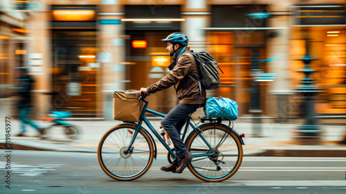 Man riding bike down street with bag on the back.