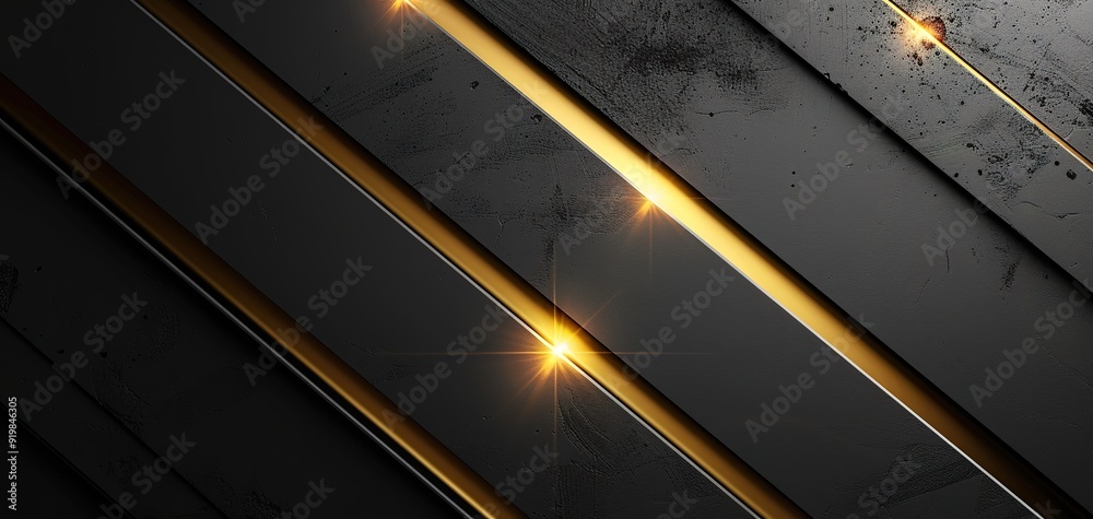 Abstract black and gold geometric pattern with glowing lights.