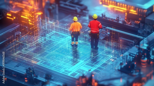 Construction workers on-site, overlaid with glowing digital blueprints and 3D architectural models