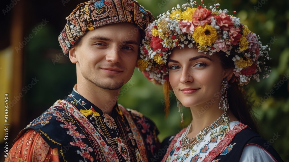 Fototapeta premium A couple dressed in vibrant Ukrainian folk costumes stands together outdoors, showcasing their intricate outfits and traditional accessories against a lush backdrop.