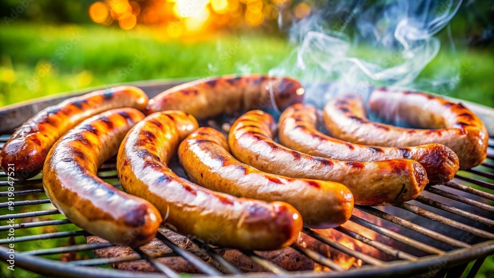 photo of sausages sizzling on a barbecue grill in a rural setting, sausages, grilling, BBQ, countryside, cooking, outdoors, food photo of sausages sizzling on a barbecue grill in a rural setting, sausages, grilling, BBQ, countryside, cooking, outdoors, food