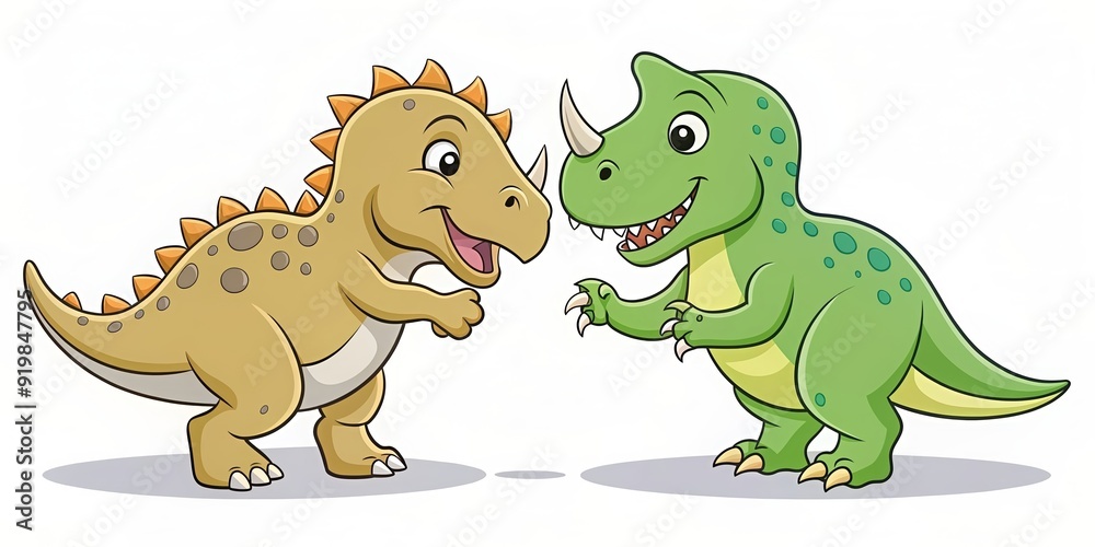 Naklejka premium Whimsical line drawing of a friendly T-Rex and Triceratops playing together, dinosaur, prehistoric, whimsical, cute