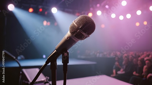 A close-up of a professional microphone on a stage, surrounded by bright lights, set against the backdrop of a minimalist, high-tech conference environment. photo