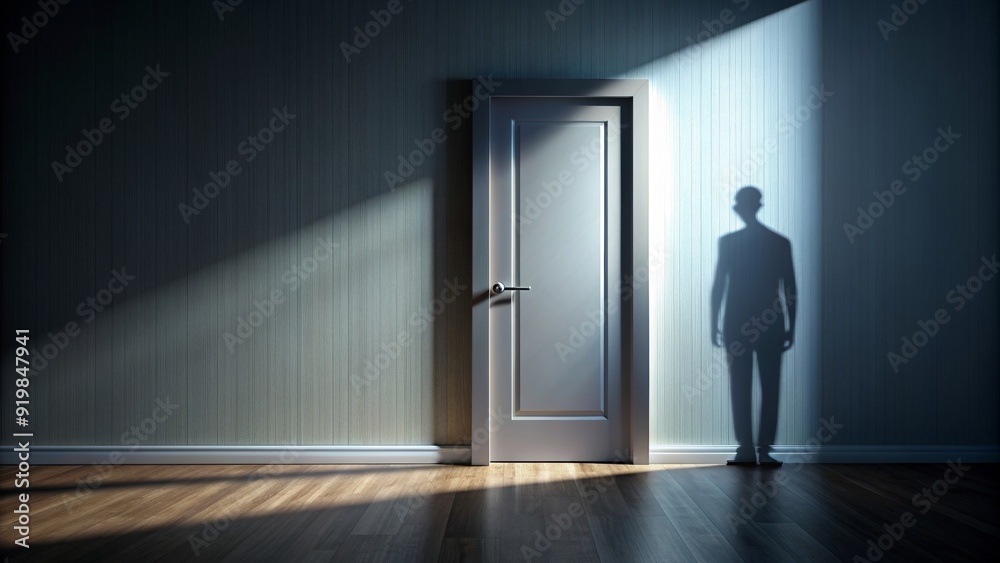 Mysterious shadow hidden by a partially closed door , intrigue, concealed, shadow, mysterious, half-closed, entrance Mysterious shadow hidden by a partially closed door , intrigue, concealed, shadow, mysterious, half-closed, entrance