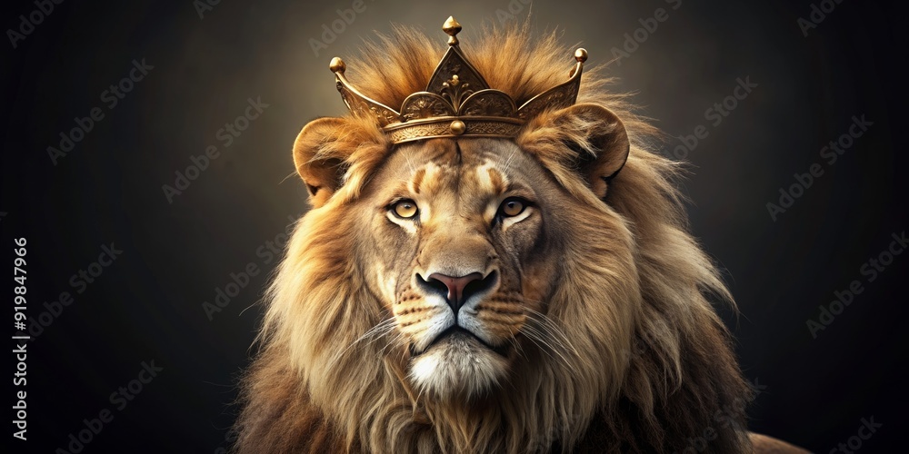 Fototapeta premium Majestic lion wearing a golden crown, symbolizing royalty and power, lion, king, beast, crown, majestic, power, royalty, wild