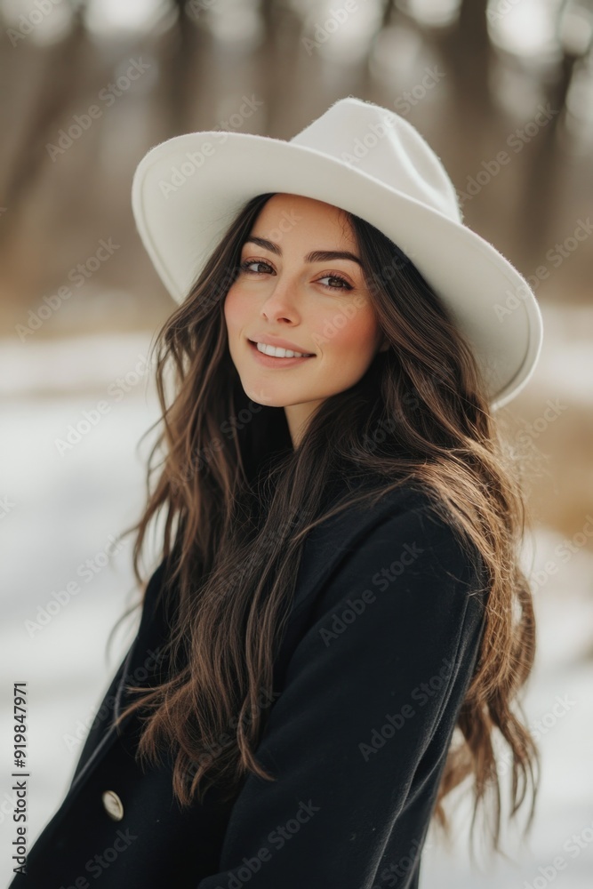 Woman in white hat in snow Woman in white hat in snow