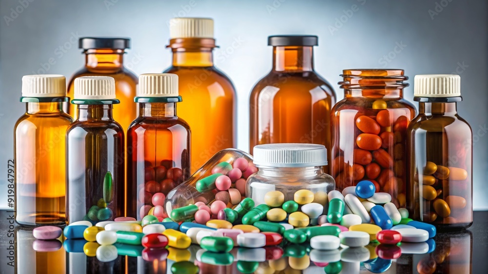Various medication bottles and pills representing the concept of pharmaceutical drugs and healthcare, medicine Various medication bottles and pills representing the concept of pharmaceutical drugs and healthcare, medicine