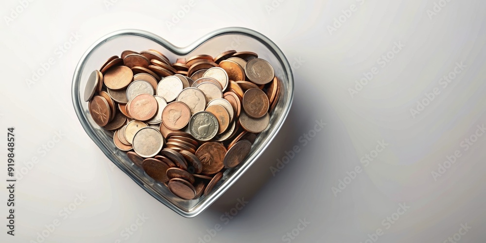 Moneybox filled with heart-shaped coins , savings, finance, piggy bank, love, Valentine's Day, investment, wealth, treasure Moneybox filled with heart-shaped coins , savings, finance, piggy bank, love, Valentine's Day, investment, wealth, treasure