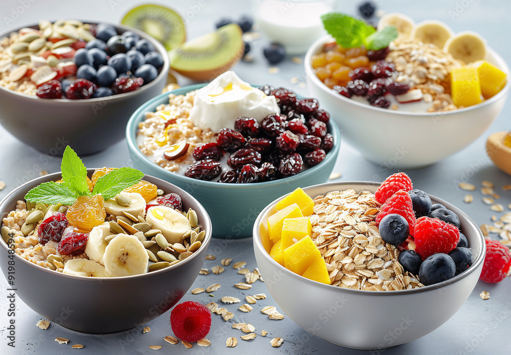 Healthy breakfast bowls with assorted fruits and nuts. Healthy breakfast bowls with assorted fruits and nuts.