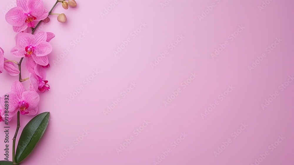 Fototapeta premium Pink Orchids on Soft Pink Background, Minimalistic Floral Design with Ample Copyspace, Ideal for Elegant Floral Invitations, Nature-Inspired Decor, or Creative Design Projects.