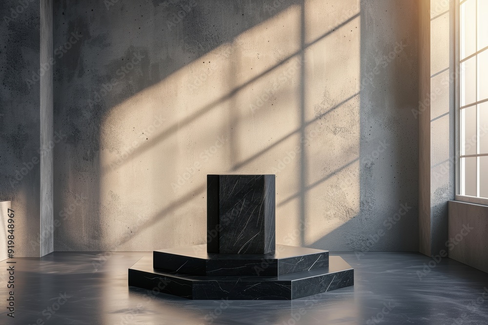 Elegant Hexagonal Stand Illuminated by Gentle Light Bars in a Modern Space Elegant Hexagonal Stand Illuminated by Gentle Light Bars in a Modern Space