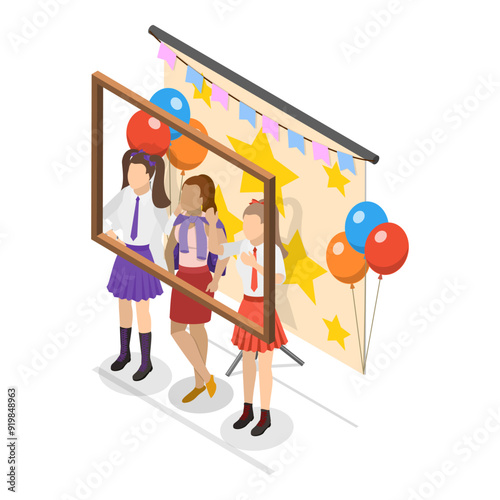 3D Isometric Flat Vector Illustration of School Fair , Children Having Fun. Item 1