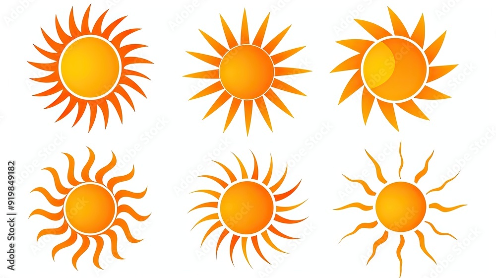 A set of yellow vector icons representing suns A set of yellow vector icons representing suns