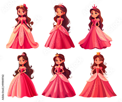 Beautiful princess set. Cute princesses young royal girl fantasy character gold crown or tiara pink dress pretty beauty hair vector illustration