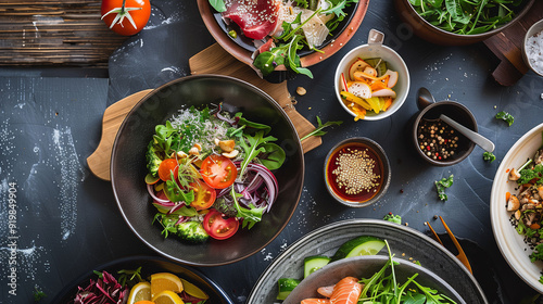 Assorted healthy salads and vegetables on a dark table.