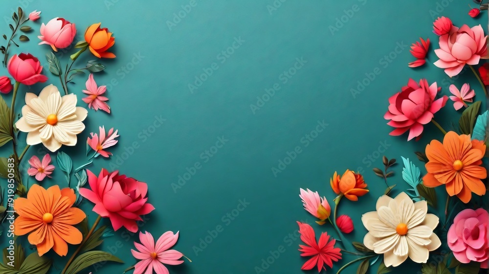 Fototapeta premium Romantic and Paper cut flowers on pastel blue background with copy space ai generated 