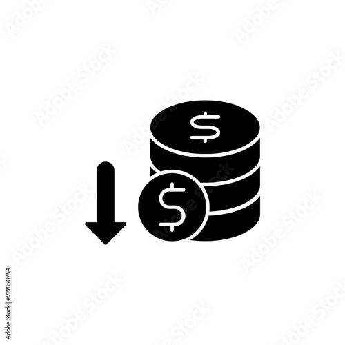 Financial Downturn Icon with Decreasing Money Stack and Downward Arrow - Economic Recession Concept Illustration for Market Analysis, Investment Losses, Budget Cuts, Financial Decline, and Economic Ch