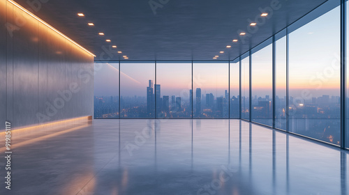 city lights at night from the high building interior view. Empty space.