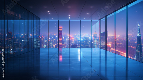 city lights at night from the high building interior view. Empty space.