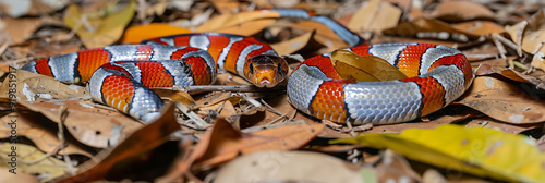 Amazonian Coral Snake Micrurus spixii slithering through the leaf litter photo