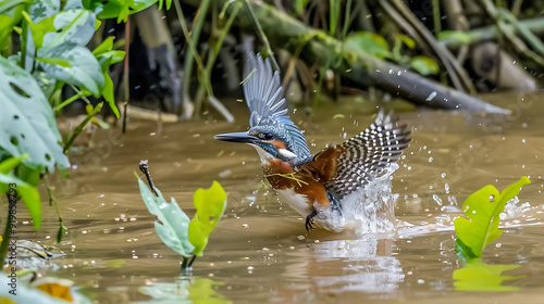 Amazonian Kingfisher diving into the Amazon River its sharp beak and agile body perfectly adapted for catching fish amidst the diverse and dynamic aquatic life of this ecosystem photo