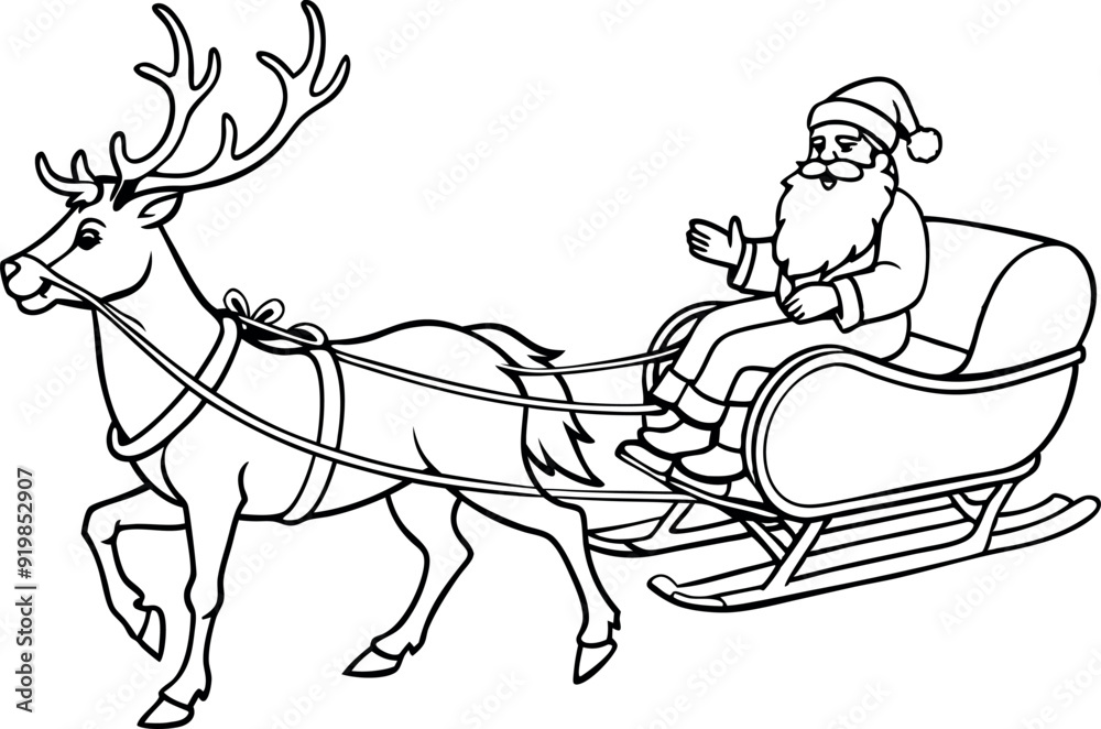 Fototapeta premium Santa Claus Riding Sleigh with Reindeer Christmas Coloring Page