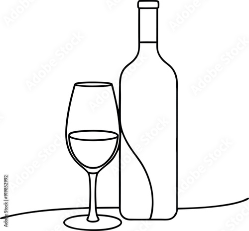Minimalist Wine Bottle And Glass Line Art Illustration