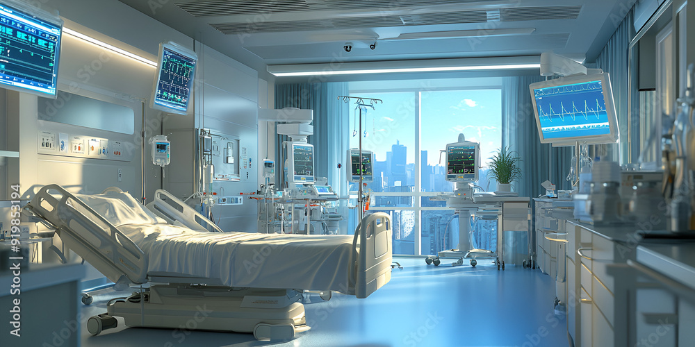 Hospital Room with a City View in the Background Hospital Room with a City View in the Background