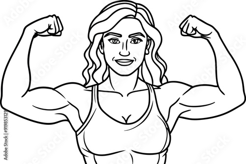 Strong Woman Flexing Muscles in Outline Drawing