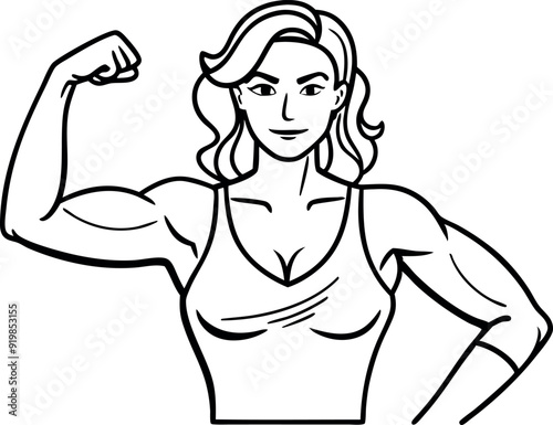 Strong Woman Flexing Muscles Drawing in Black and White