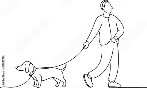 Line Art of Person Walking A Dog On A Leash