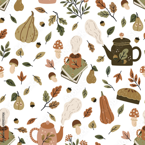 A vector pattern featuring autumn attributes: leaves, pumpkins, pies, jam, cozy sweater, scarf. Ideal for fabric printing, wrapping paper, greeting cards, and seasonal home decor