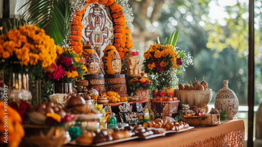 Obraz premium A colorful display of marigolds, sweets, and statues arranged on an altar for Diwali celebrations in a serene outdoor setting.