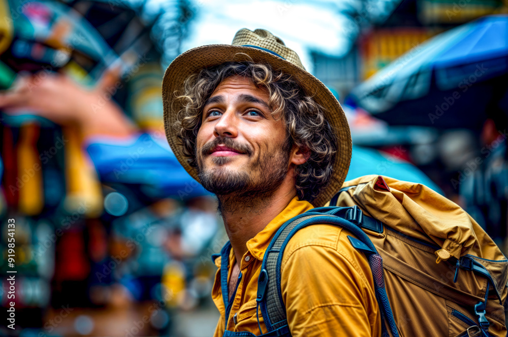 Man with curly hair wearing backpack and hat on city street. Man with curly hair wearing backpack and hat on city street.